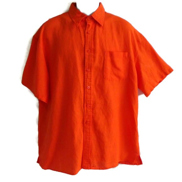 Linen Blend Shirt Neon Orange Button Up Short Sleeve XXL Mens Side Vents Pocket - Picture 2 of 7